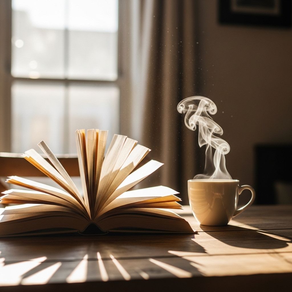 Otwarta książka i filiżanka herbaty na drewnianym stole, naturalne ciepłe światło z okna, nastrojowa atmosfera skupienia i nauki