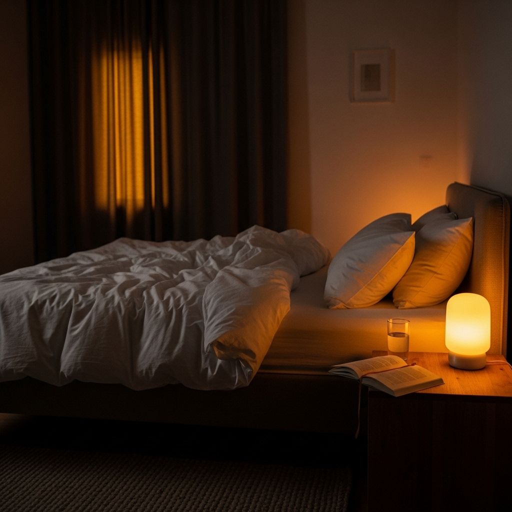 Sypialnia z przyciemnionym, ciepłym oświetleniem i wygodnym łóżkiem w nocy, cichy spokojny nastrój symbolizujący regeneracyjny sen