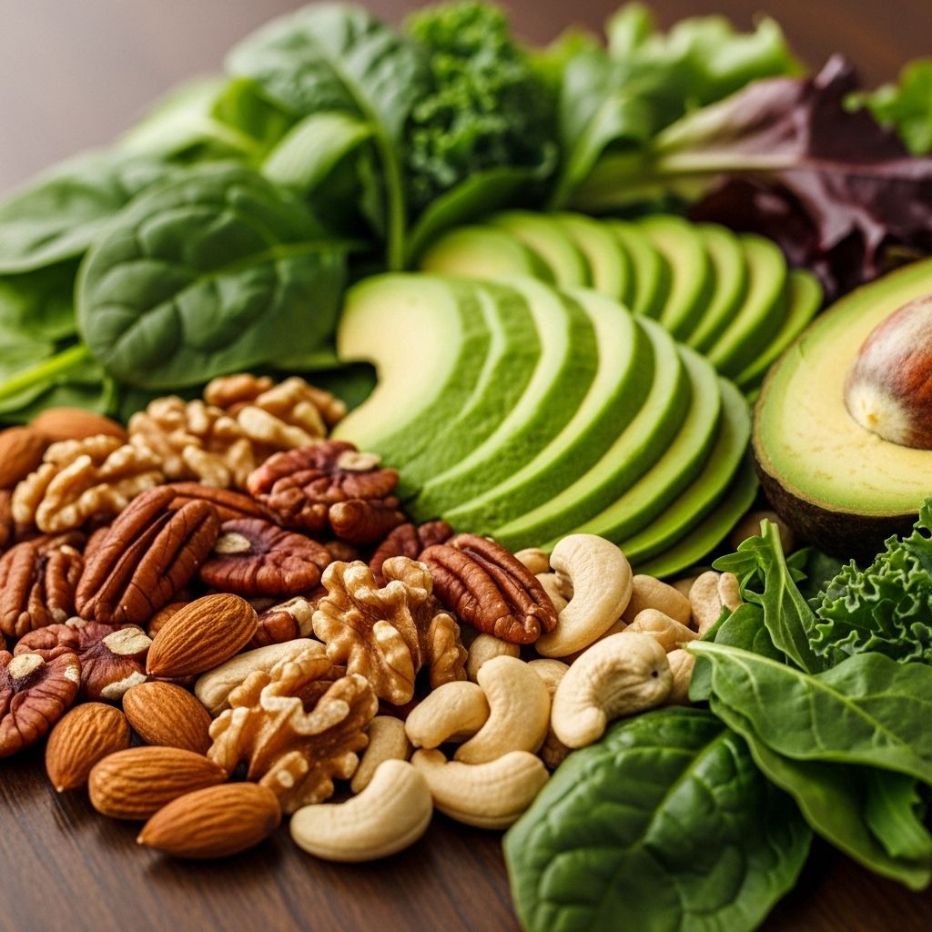 Zbliżenie na zdrowe pożywienie – orzechy, awokado i warzywa liściaste ułożone na ciemnym drewnianym blacie, naturalne oświetlenie podkreślające tekstury