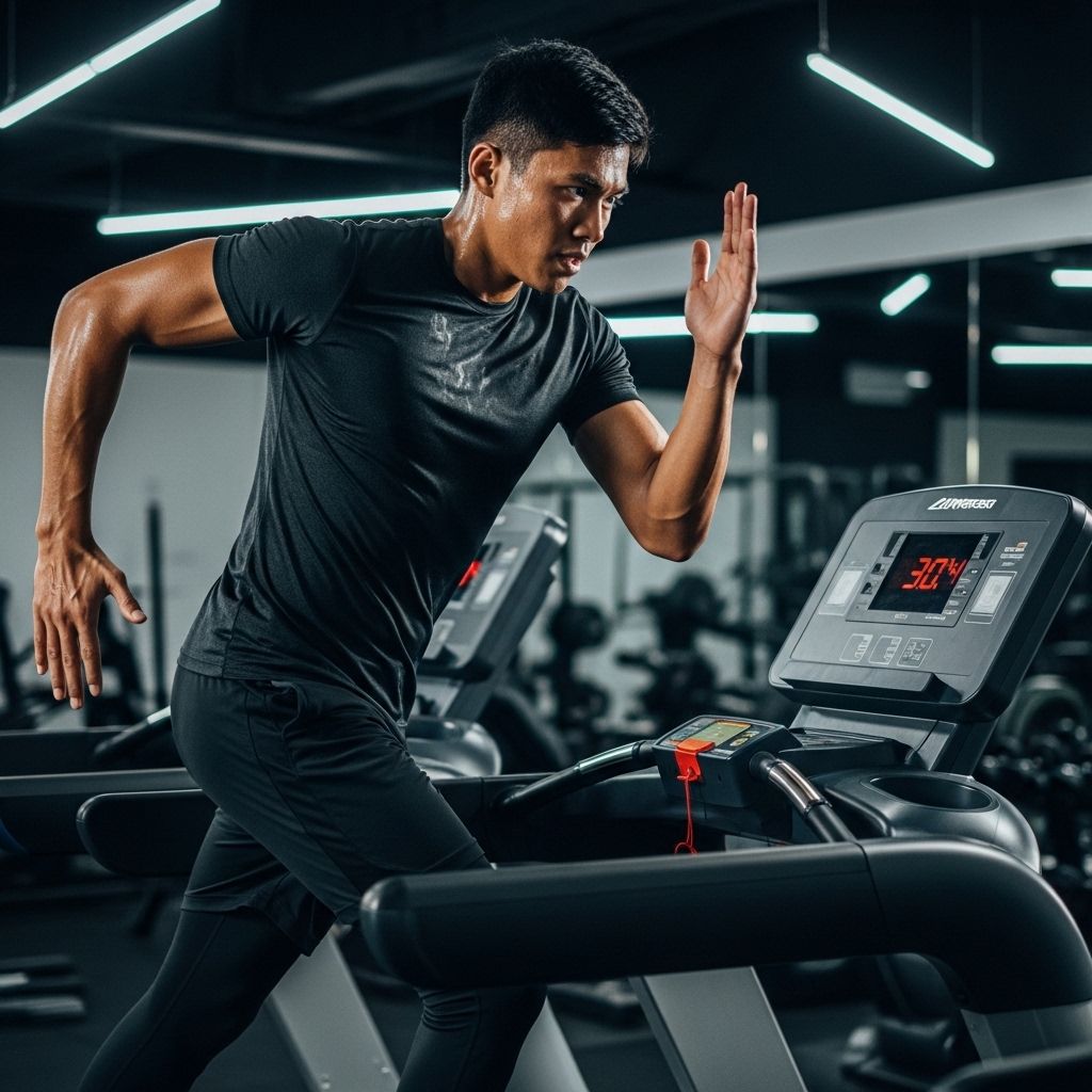 Osoba w trakcie intensywnego treningu biegowego na bieżni w siłowni, pełne zaangażowanie, dynamiczne ujęcie podkreślające wysiłek