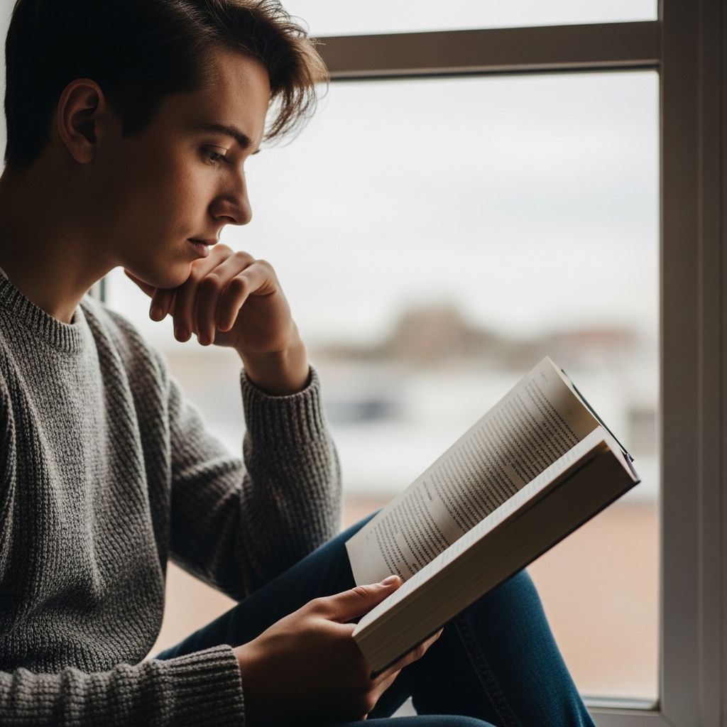 Osoba czytająca książkę przy oknie z naturalnym światłem, spokojny nastrój, skupienie i refleksja, symbol poszukiwania wiedzy
